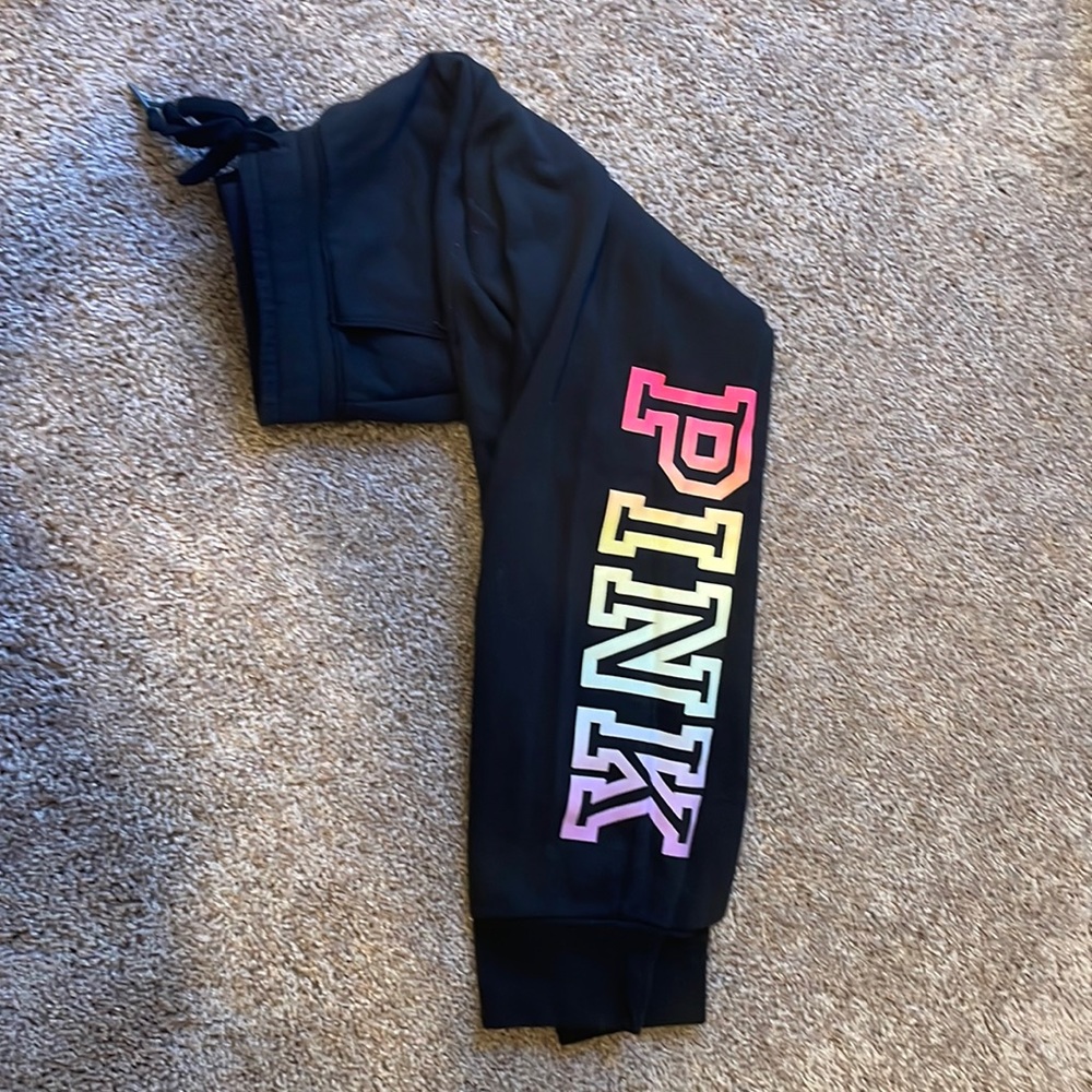 PINK Joggers, Size Medium, Black with Rainbow Lettering